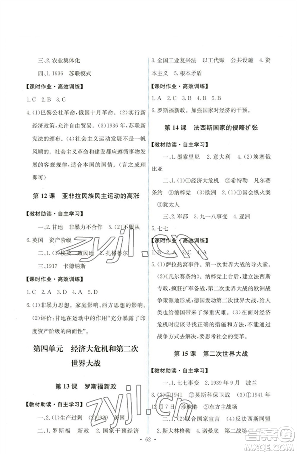 人民教育出版社2023能力培養(yǎng)與測試九年級世界歷史下冊人教版湖南專版參考答案