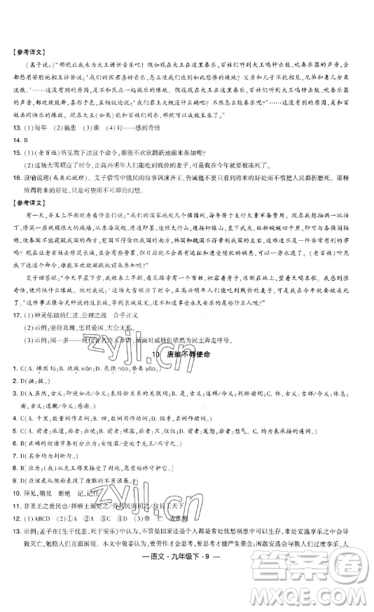 寧夏人民教育出版社2023經(jīng)綸學(xué)典課時作業(yè)九年級下冊語文人教版答案