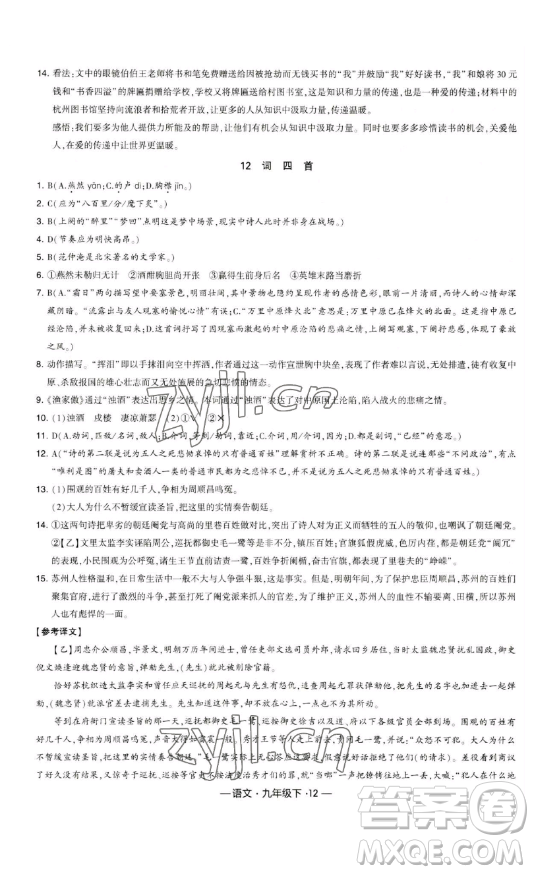 寧夏人民教育出版社2023經(jīng)綸學(xué)典課時作業(yè)九年級下冊語文人教版答案