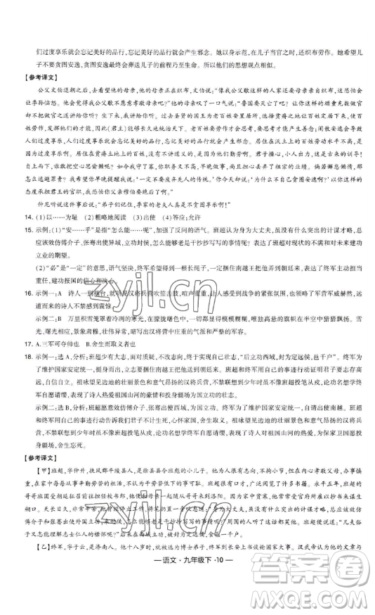 寧夏人民教育出版社2023經(jīng)綸學(xué)典課時作業(yè)九年級下冊語文人教版答案
