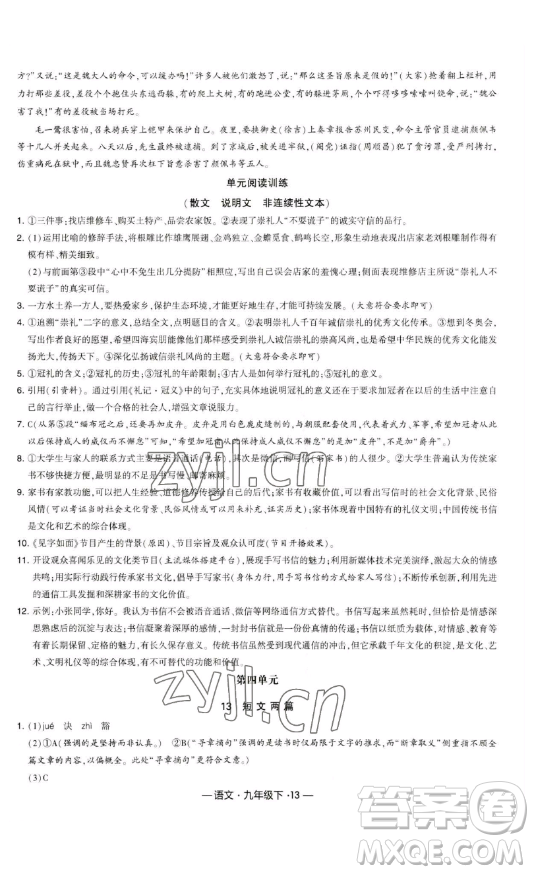 寧夏人民教育出版社2023經(jīng)綸學(xué)典課時作業(yè)九年級下冊語文人教版答案