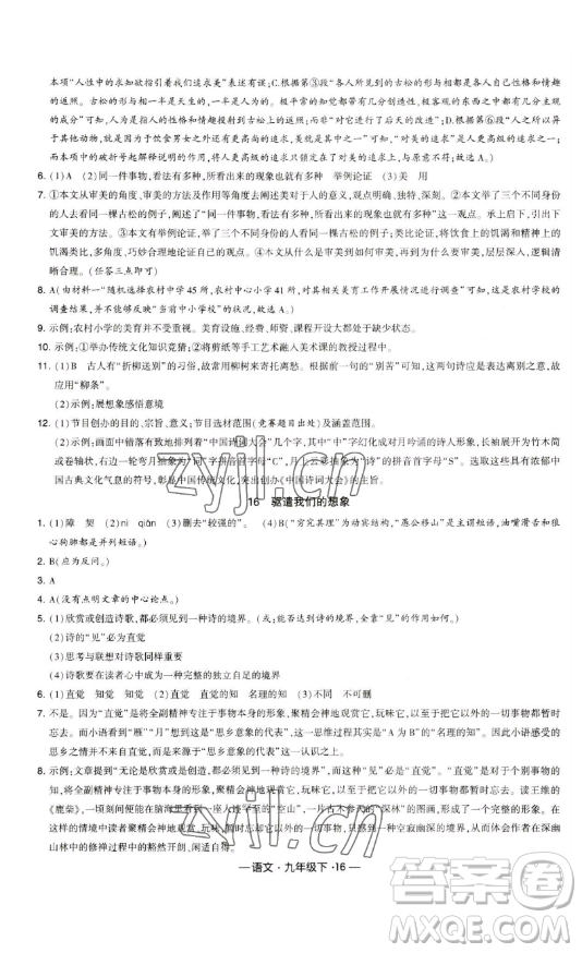 寧夏人民教育出版社2023經(jīng)綸學(xué)典課時作業(yè)九年級下冊語文人教版答案