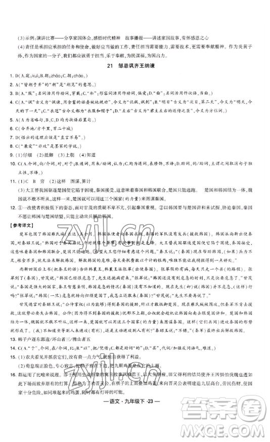 寧夏人民教育出版社2023經(jīng)綸學(xué)典課時作業(yè)九年級下冊語文人教版答案