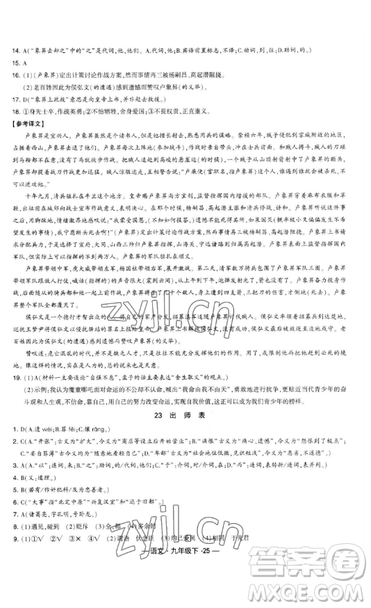 寧夏人民教育出版社2023經(jīng)綸學(xué)典課時作業(yè)九年級下冊語文人教版答案