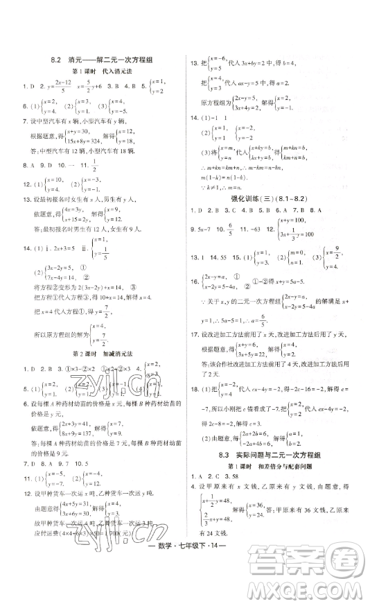 河海大學(xué)出版社2023經(jīng)綸學(xué)典課時(shí)作業(yè)七年級(jí)下冊(cè)數(shù)學(xué)人教版答案