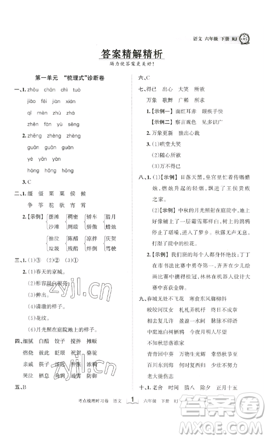 王朝霞考點(diǎn)梳理時(shí)習(xí)卷六年級下冊語文人教版答案