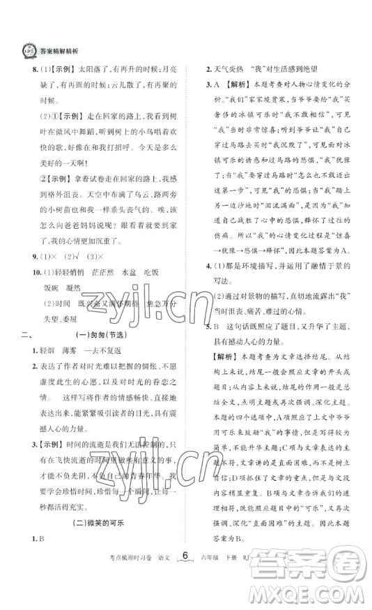 王朝霞考點(diǎn)梳理時(shí)習(xí)卷六年級下冊語文人教版答案