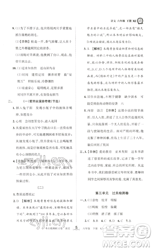 王朝霞考點(diǎn)梳理時(shí)習(xí)卷六年級下冊語文人教版答案