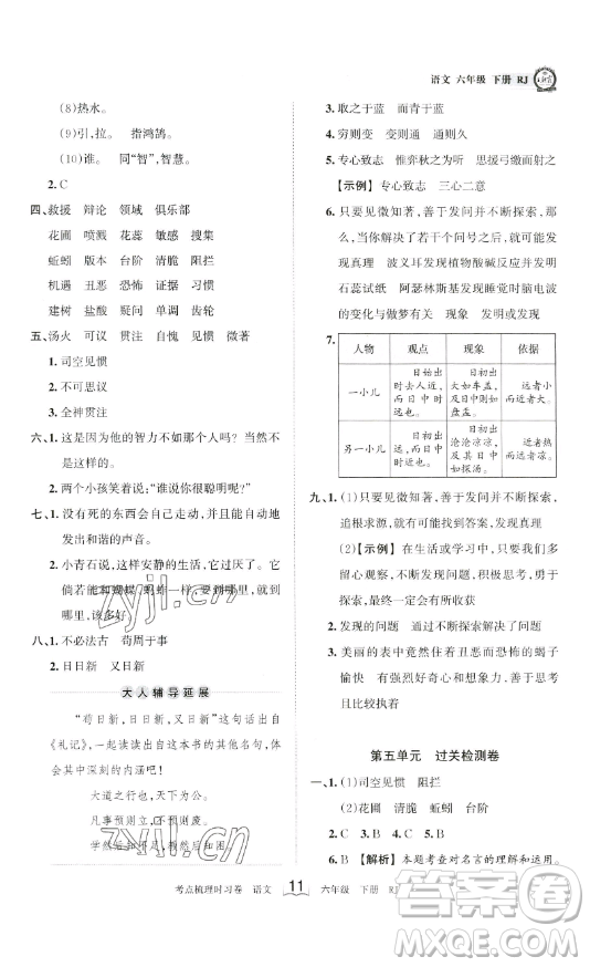 王朝霞考點(diǎn)梳理時(shí)習(xí)卷六年級下冊語文人教版答案