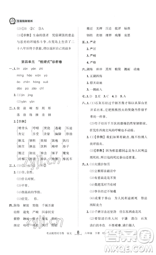 王朝霞考點(diǎn)梳理時(shí)習(xí)卷六年級下冊語文人教版答案