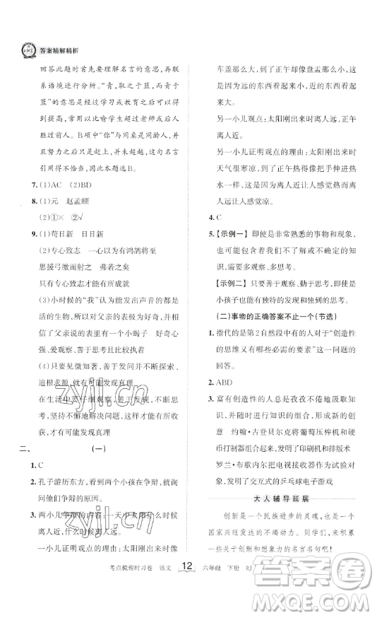 王朝霞考點(diǎn)梳理時(shí)習(xí)卷六年級下冊語文人教版答案