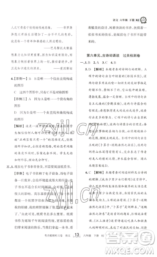 王朝霞考點(diǎn)梳理時(shí)習(xí)卷六年級下冊語文人教版答案