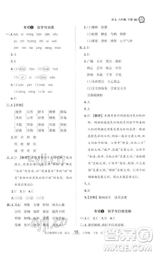 王朝霞考點(diǎn)梳理時(shí)習(xí)卷六年級下冊語文人教版答案