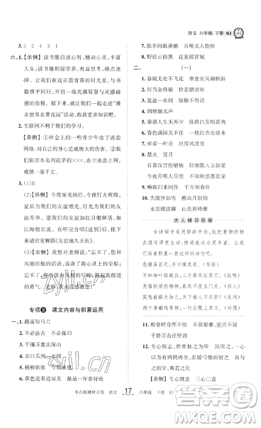 王朝霞考點(diǎn)梳理時(shí)習(xí)卷六年級下冊語文人教版答案