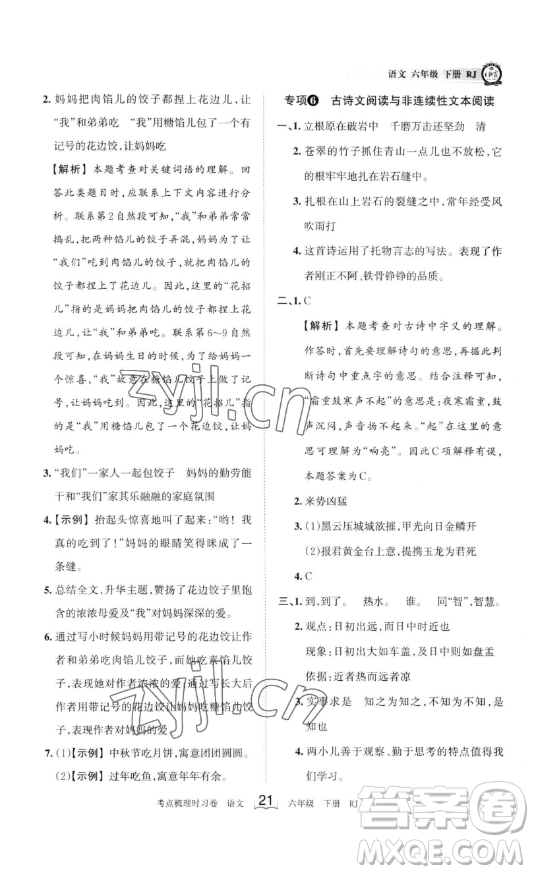 王朝霞考點(diǎn)梳理時(shí)習(xí)卷六年級下冊語文人教版答案