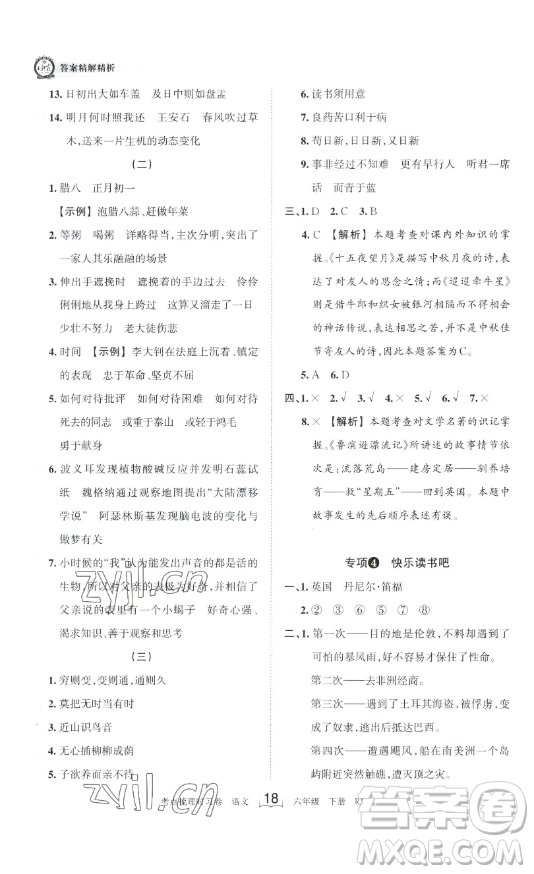 王朝霞考點(diǎn)梳理時(shí)習(xí)卷六年級下冊語文人教版答案