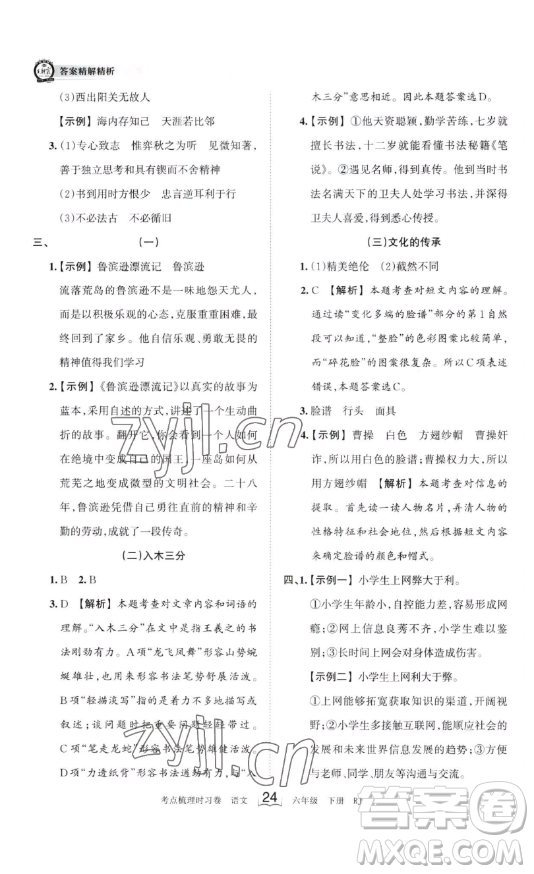 王朝霞考點(diǎn)梳理時(shí)習(xí)卷六年級下冊語文人教版答案