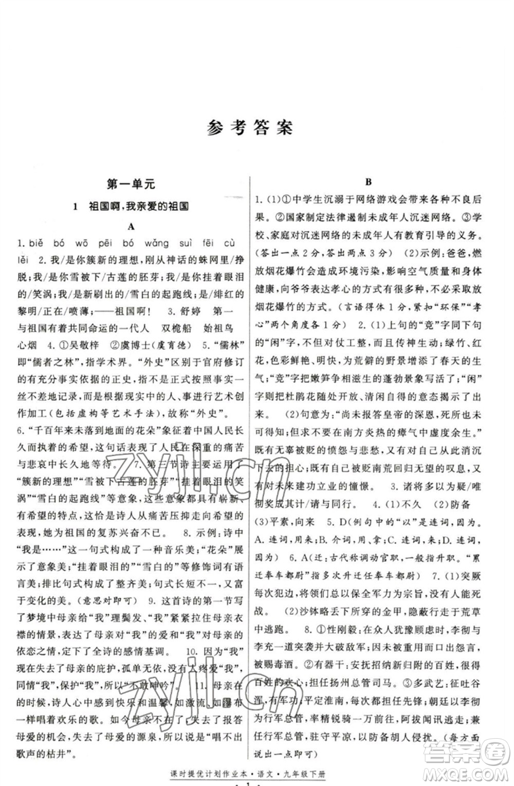 福建人民出版社2023課時提優(yōu)計劃作業(yè)本九年級語文下冊人教版參考答案