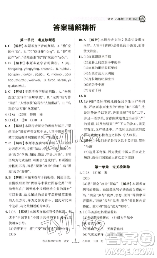 江西人民出版社2023王朝霞考點(diǎn)梳理時(shí)習(xí)卷八年級(jí)下冊(cè)語文人教版答案