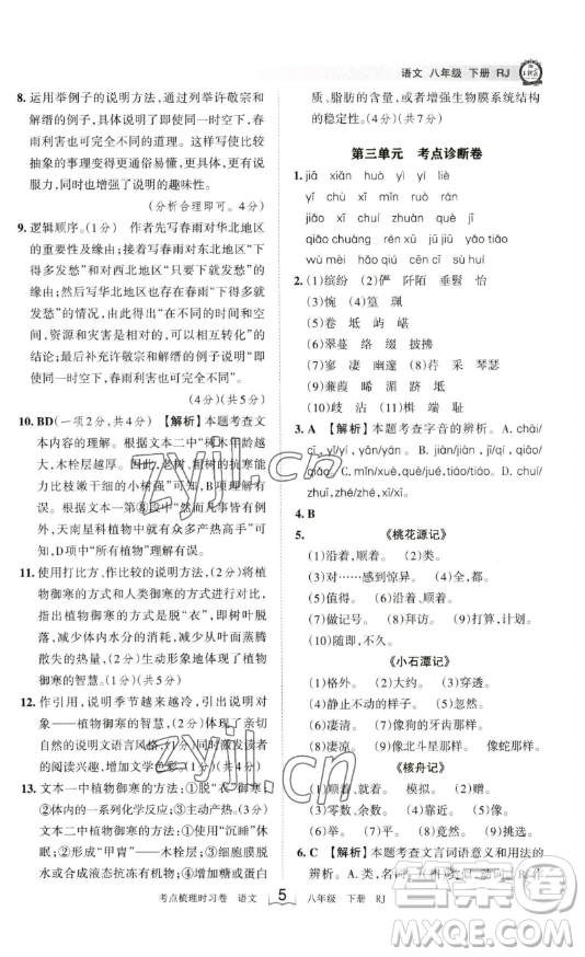 江西人民出版社2023王朝霞考點(diǎn)梳理時(shí)習(xí)卷八年級(jí)下冊(cè)語文人教版答案