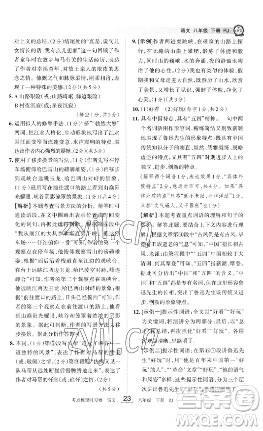 江西人民出版社2023王朝霞考點(diǎn)梳理時(shí)習(xí)卷八年級(jí)下冊(cè)語文人教版答案