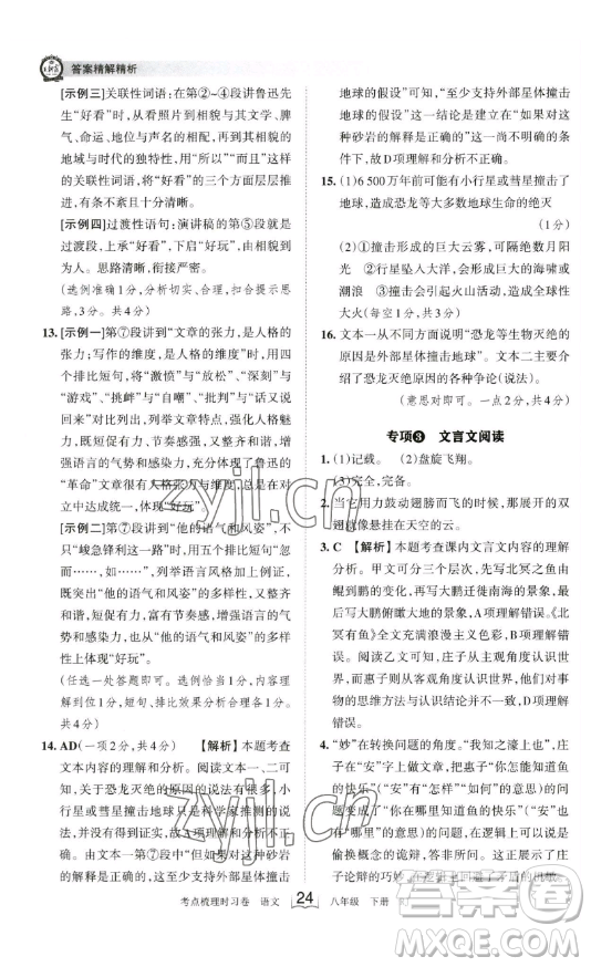 江西人民出版社2023王朝霞考點(diǎn)梳理時(shí)習(xí)卷八年級(jí)下冊(cè)語文人教版答案