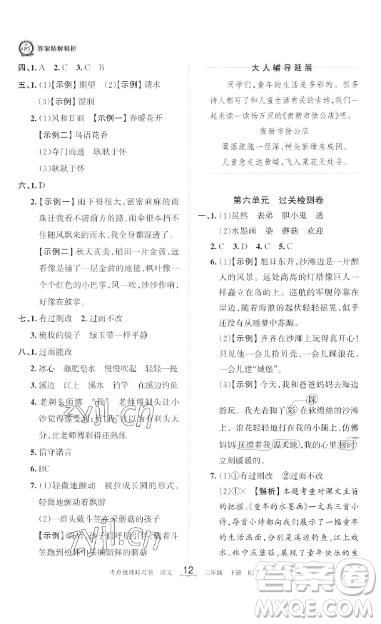 江西人民出版社2023王朝霞考點(diǎn)梳理時(shí)習(xí)卷三年級(jí)下冊(cè)語文人教版答案