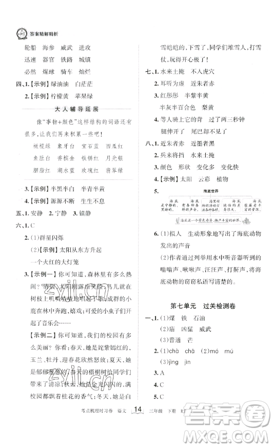 江西人民出版社2023王朝霞考點(diǎn)梳理時(shí)習(xí)卷三年級(jí)下冊(cè)語文人教版答案