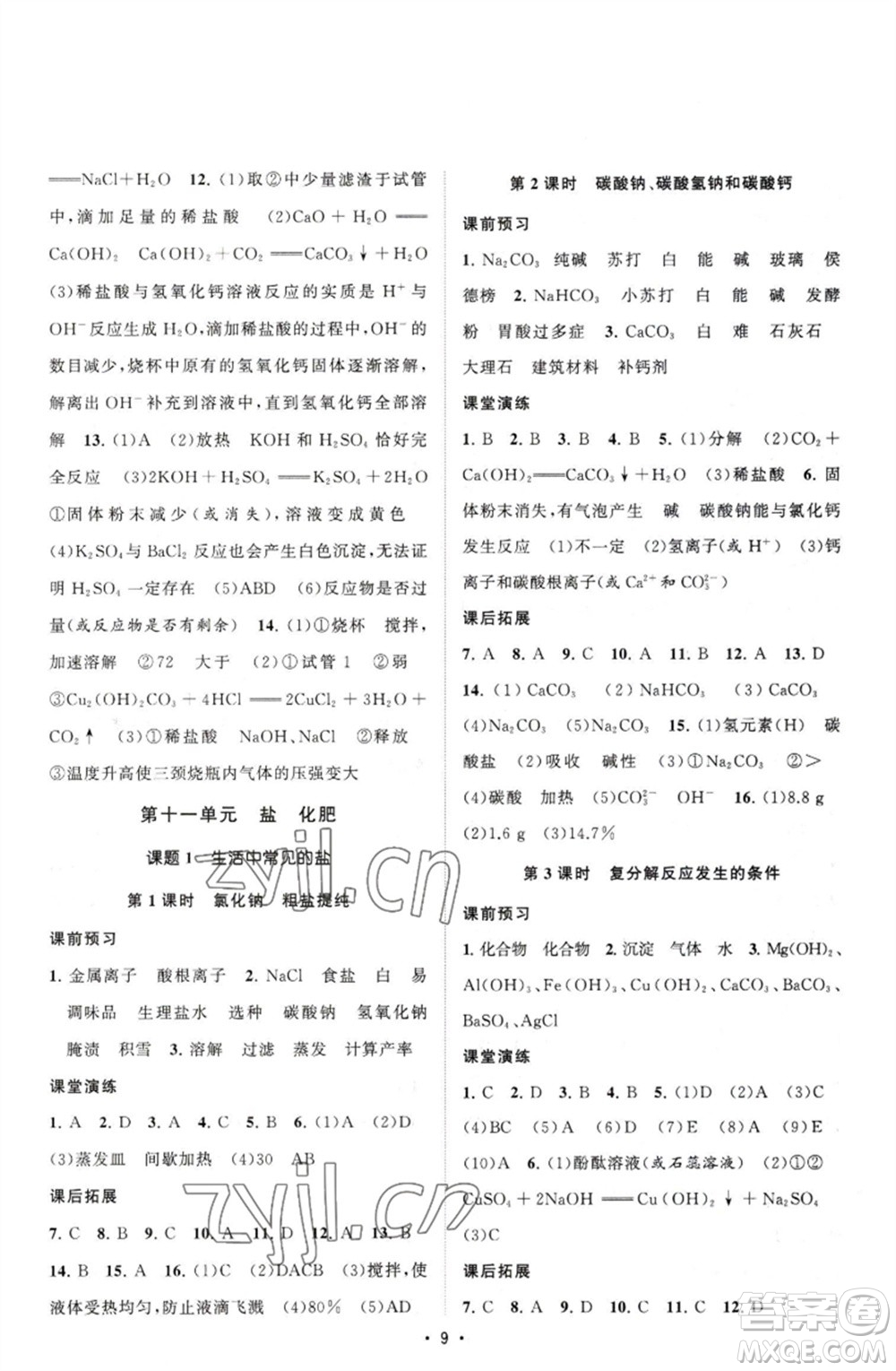 江蘇人民出版社2023課時提優(yōu)計劃作業(yè)本九年級化學下冊人教版參考答案