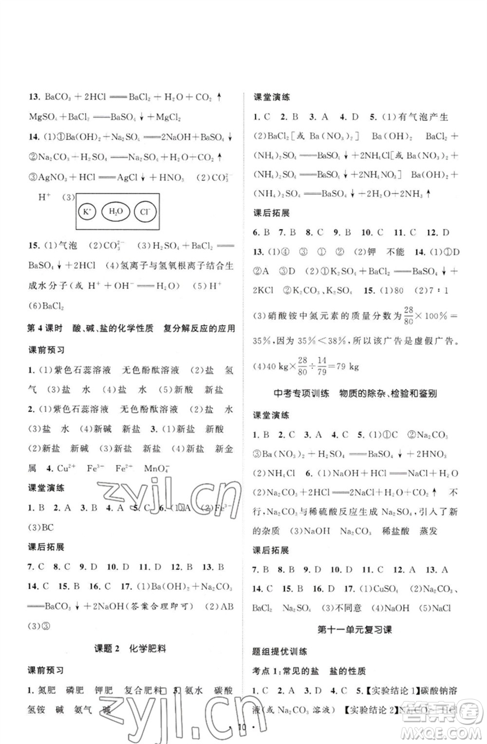 江蘇人民出版社2023課時提優(yōu)計劃作業(yè)本九年級化學下冊人教版參考答案