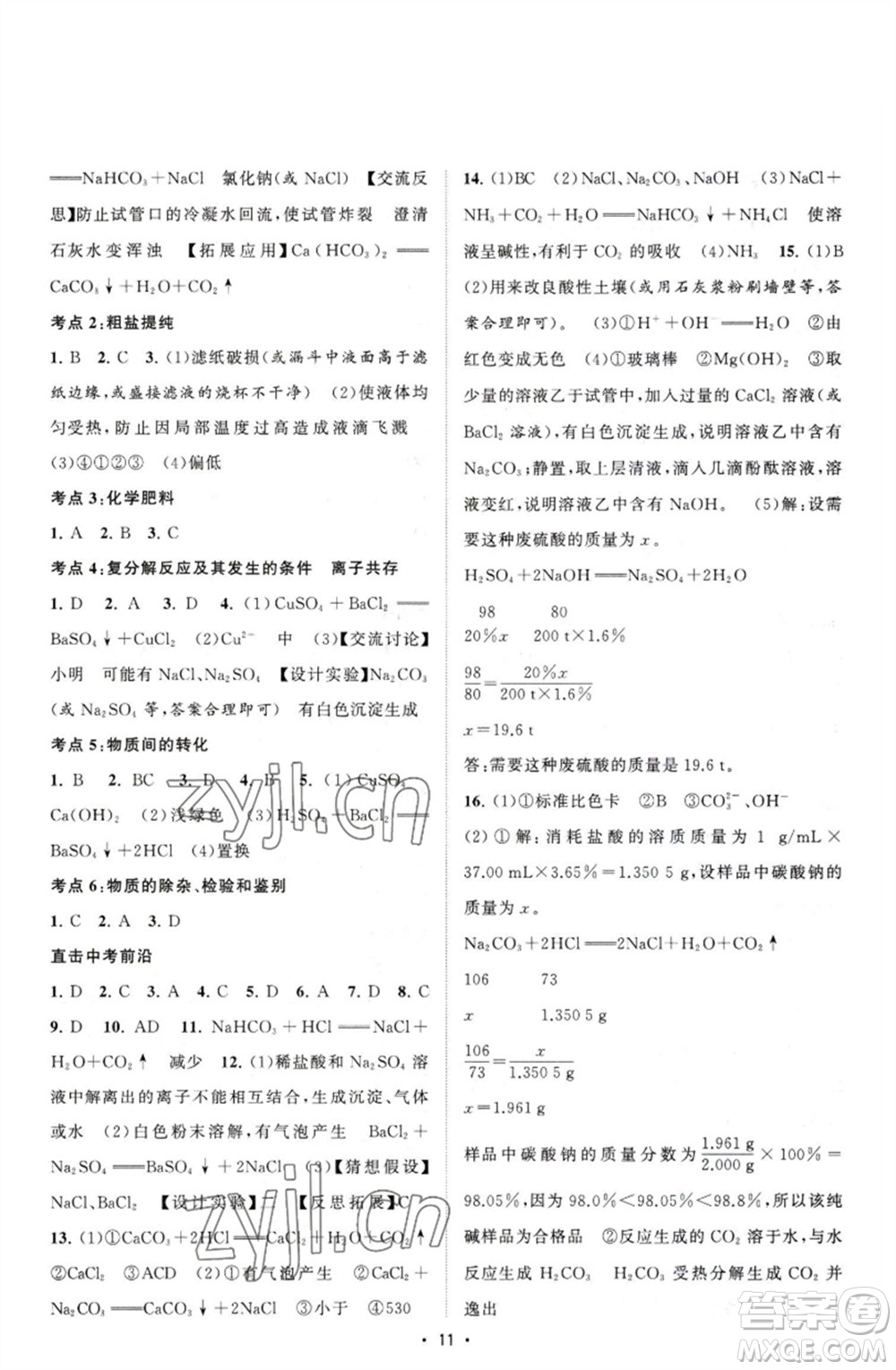 江蘇人民出版社2023課時提優(yōu)計劃作業(yè)本九年級化學下冊人教版參考答案