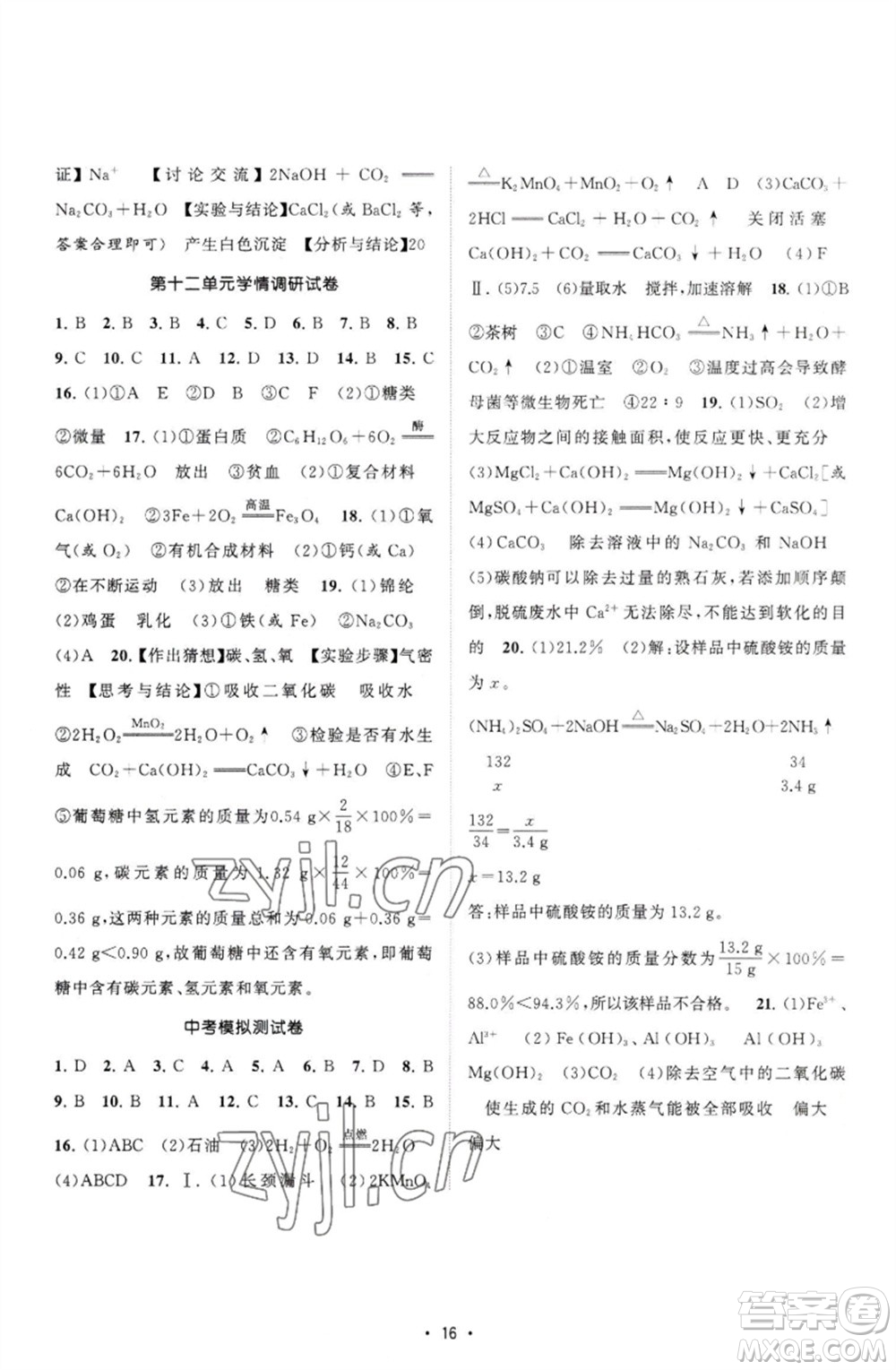 江蘇人民出版社2023課時提優(yōu)計劃作業(yè)本九年級化學下冊人教版參考答案