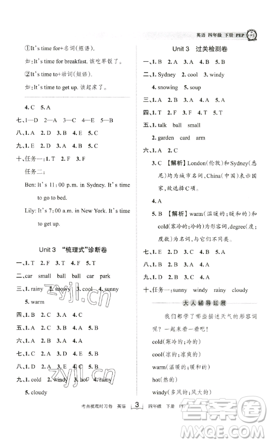 江西人民出版社2023王朝霞考點梳理時習卷四年級下冊英語人教PEP版答案