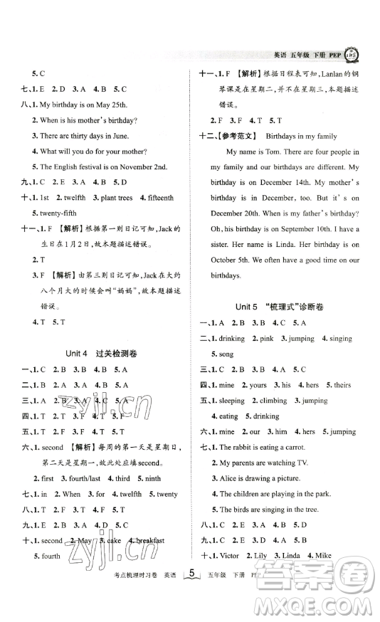 江西人民出版社2023王朝霞考點(diǎn)梳理時(shí)習(xí)卷五年級(jí)下冊(cè)英語(yǔ)人教PEP版答案