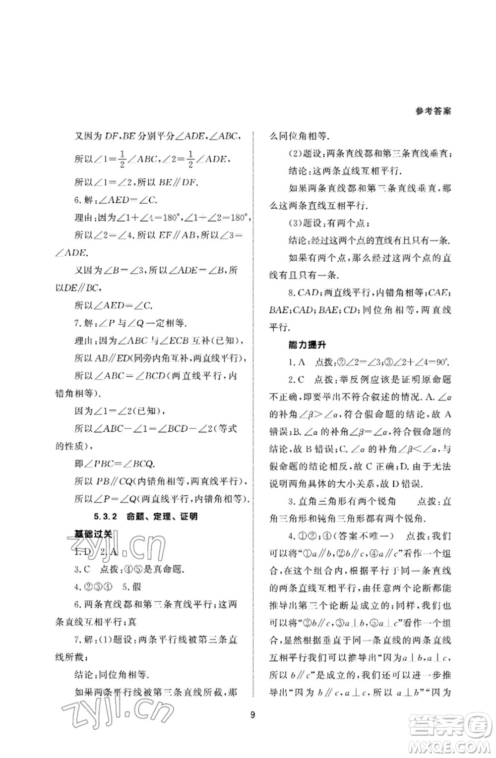 北京師范大學出版社2023數(shù)學配套綜合練習七年級下冊人教版參考答案