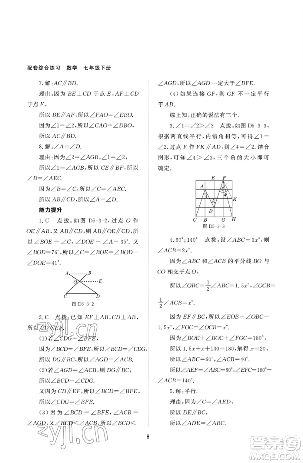 北京師范大學出版社2023數(shù)學配套綜合練習七年級下冊人教版參考答案