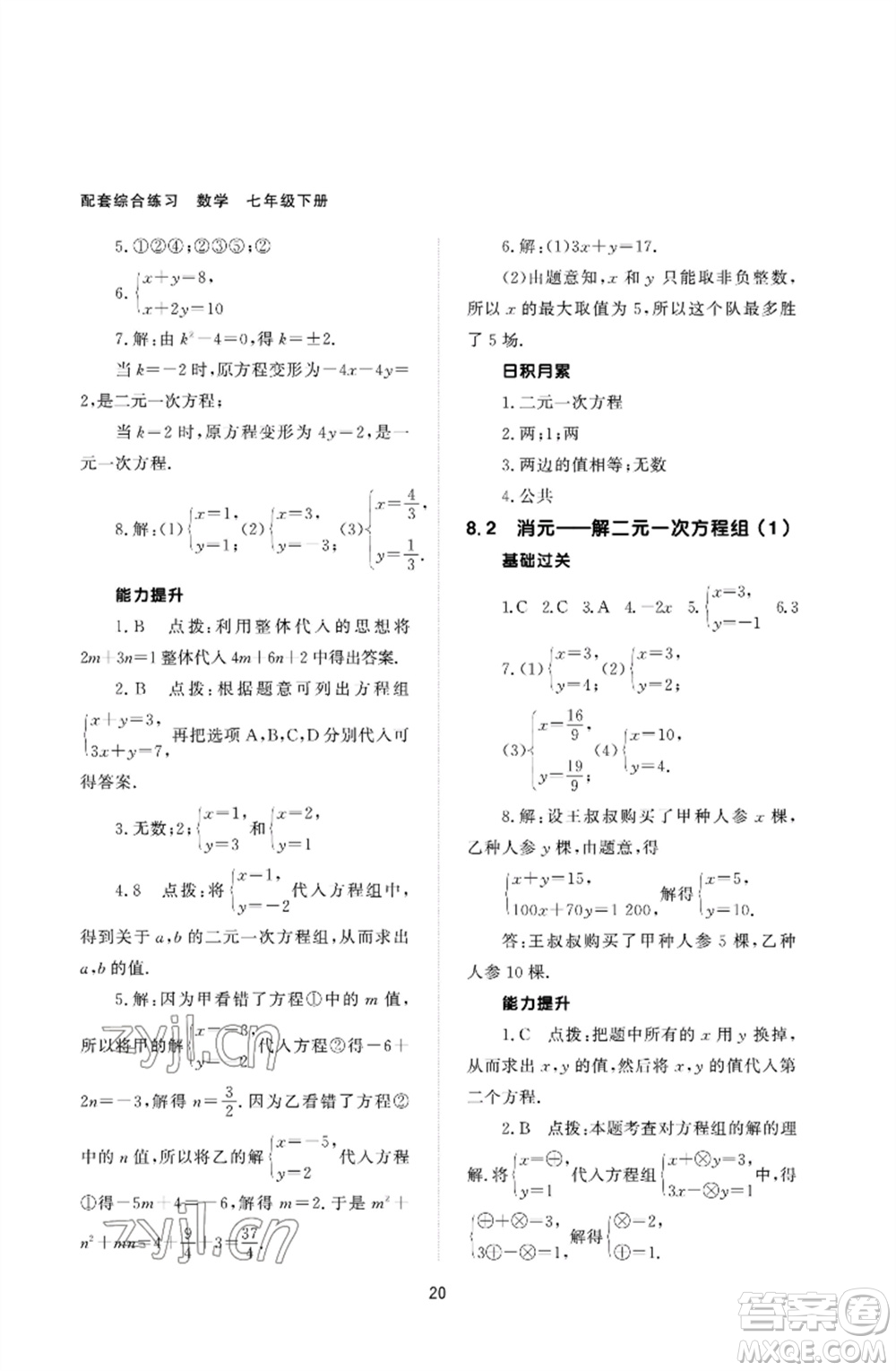 北京師范大學出版社2023數(shù)學配套綜合練習七年級下冊人教版參考答案
