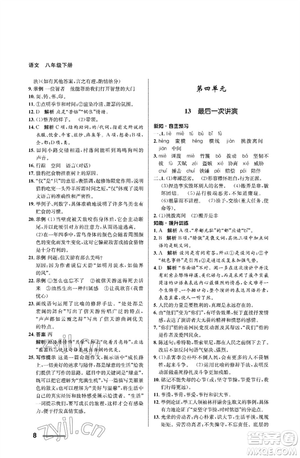 甘肅教育出版社2023語(yǔ)文配套綜合練習(xí)八年級(jí)下冊(cè)人教版參考答案