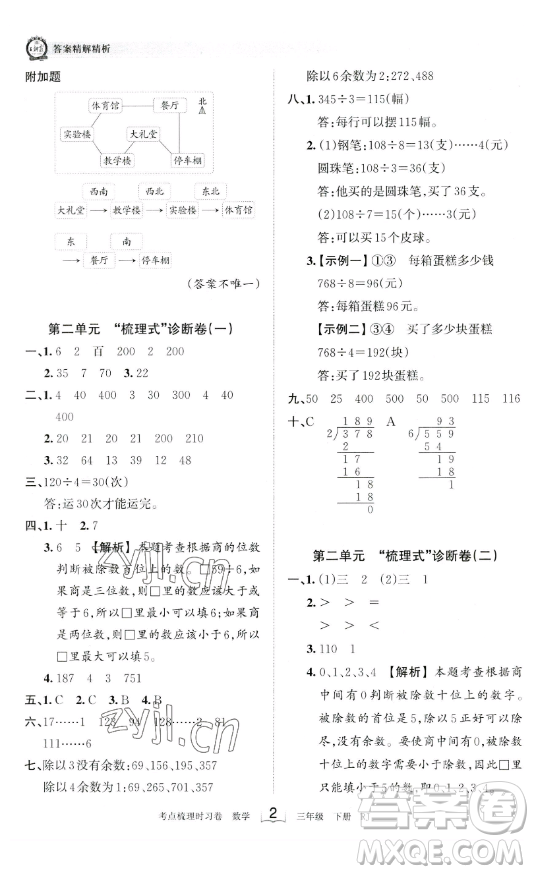 江西人民出版社2023王朝霞考點(diǎn)梳理時習(xí)卷三年級下冊數(shù)學(xué)人教版答案