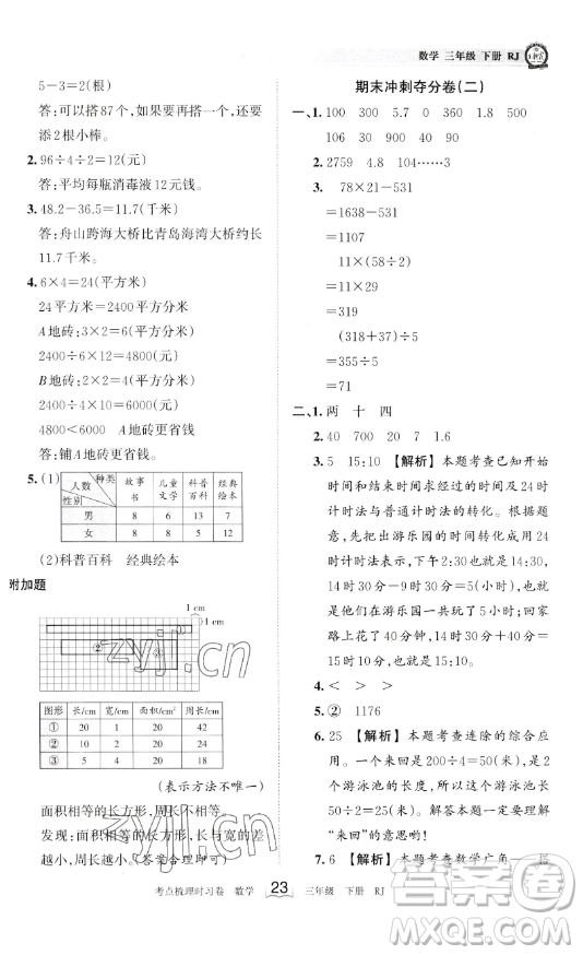 江西人民出版社2023王朝霞考點(diǎn)梳理時習(xí)卷三年級下冊數(shù)學(xué)人教版答案