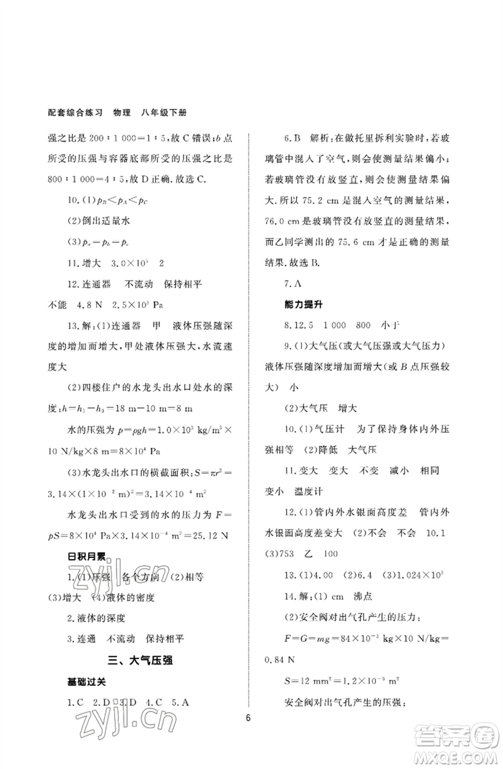 北京師范大學(xué)出版社2023物理配套綜合練習(xí)八年級(jí)下冊(cè)人教版參考答案
