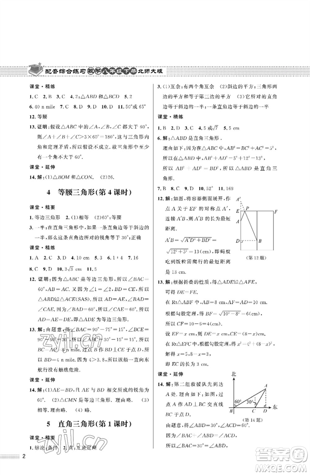 北京師范大學(xué)出版社2023數(shù)學(xué)配套綜合練習(xí)八年級(jí)下冊(cè)北師大版參考答案