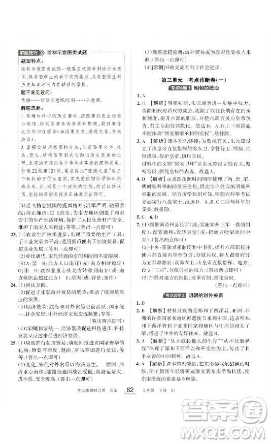 江西人民出版社2023王朝霞考點梳理時習卷七年級下冊歷史人教版答案