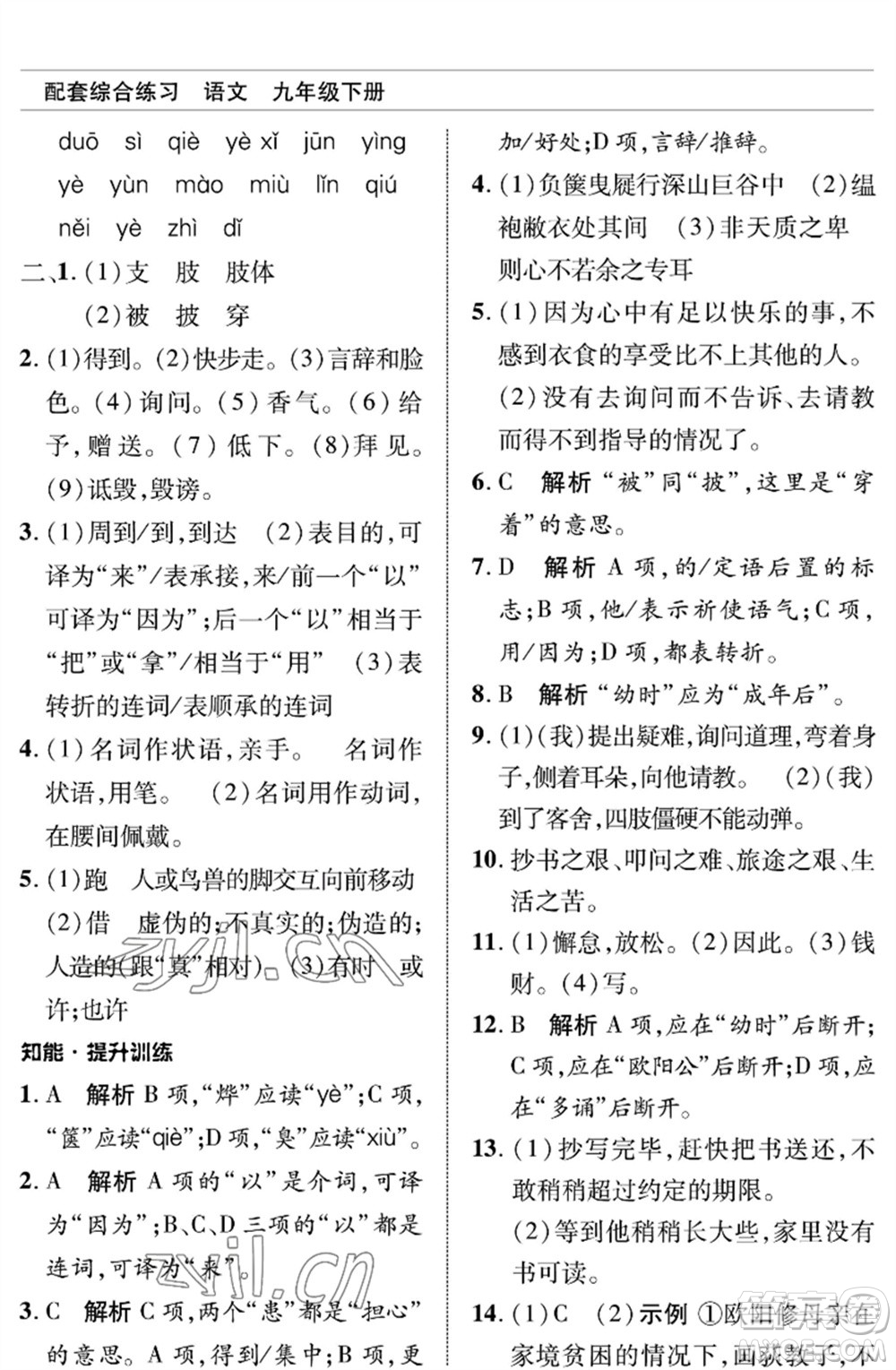 北京師范大學(xué)出版社2023語文配套綜合練習(xí)九年級(jí)下冊人教版參考答案