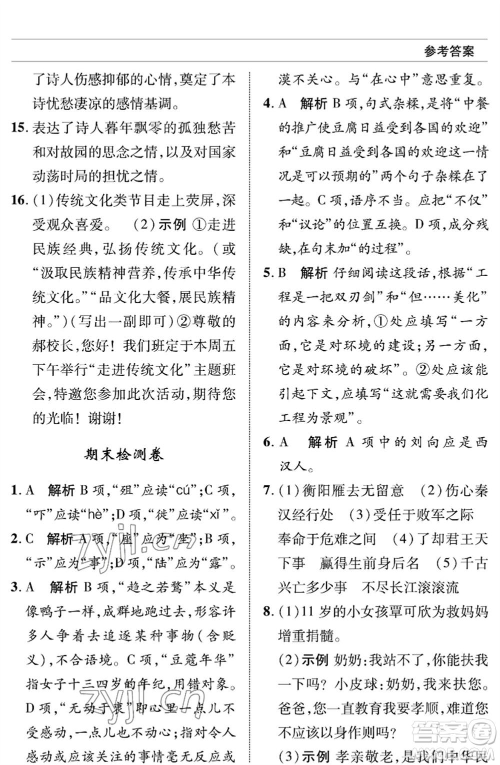 北京師范大學(xué)出版社2023語文配套綜合練習(xí)九年級(jí)下冊人教版參考答案