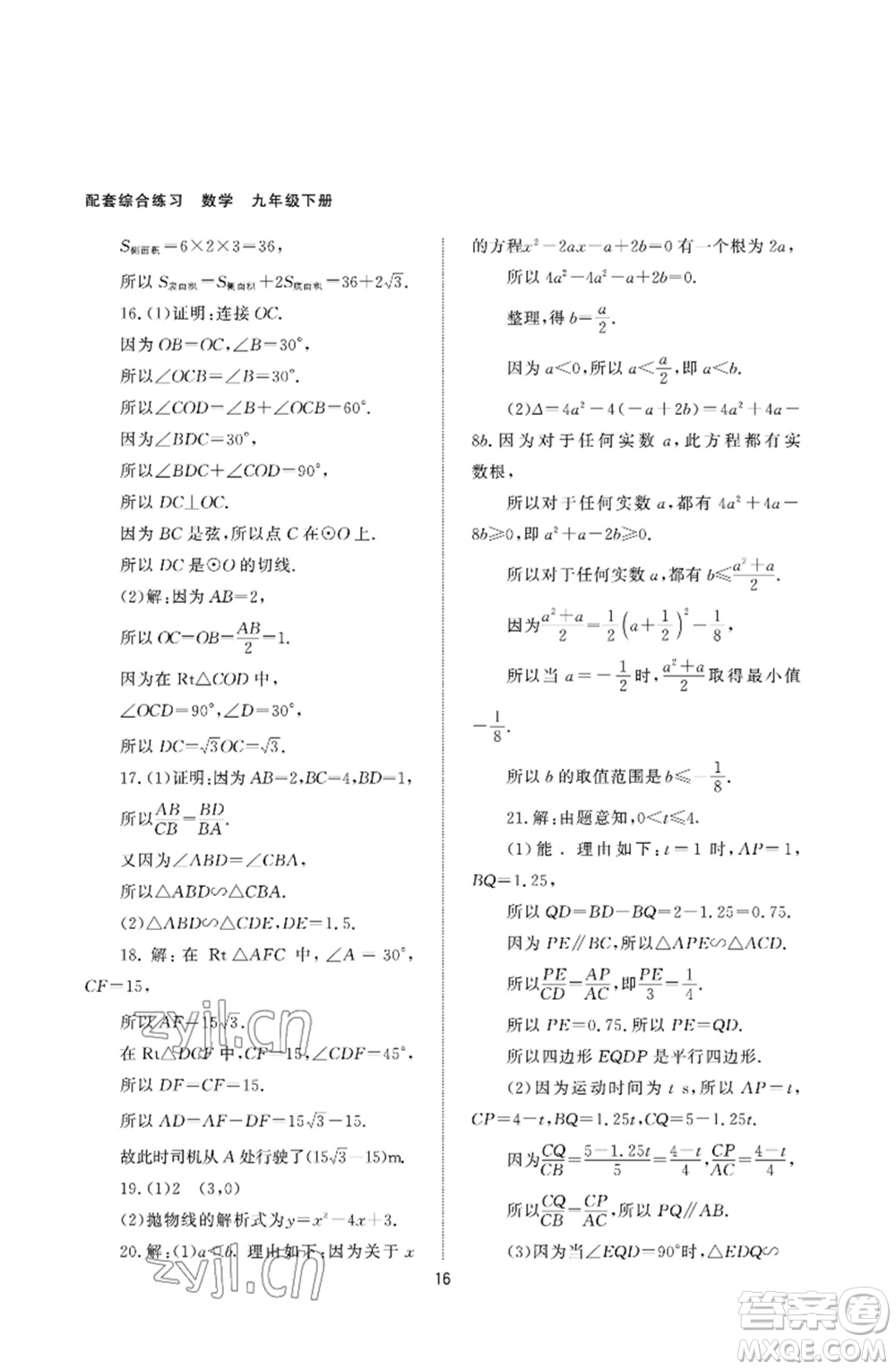 北京師范大學出版社2023數學配套綜合練習九年級下冊人教版參考答案