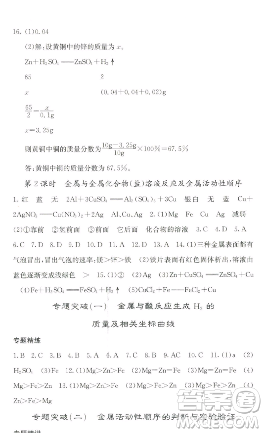四川大學(xué)出版社2023名校課堂內(nèi)外九年級化學(xué)下冊人教版答案