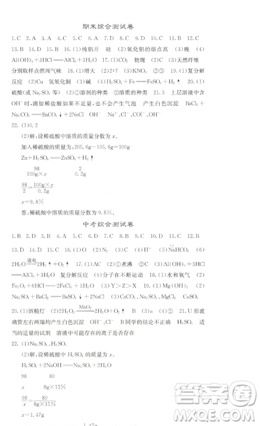 四川大學(xué)出版社2023名校課堂內(nèi)外九年級化學(xué)下冊人教版答案
