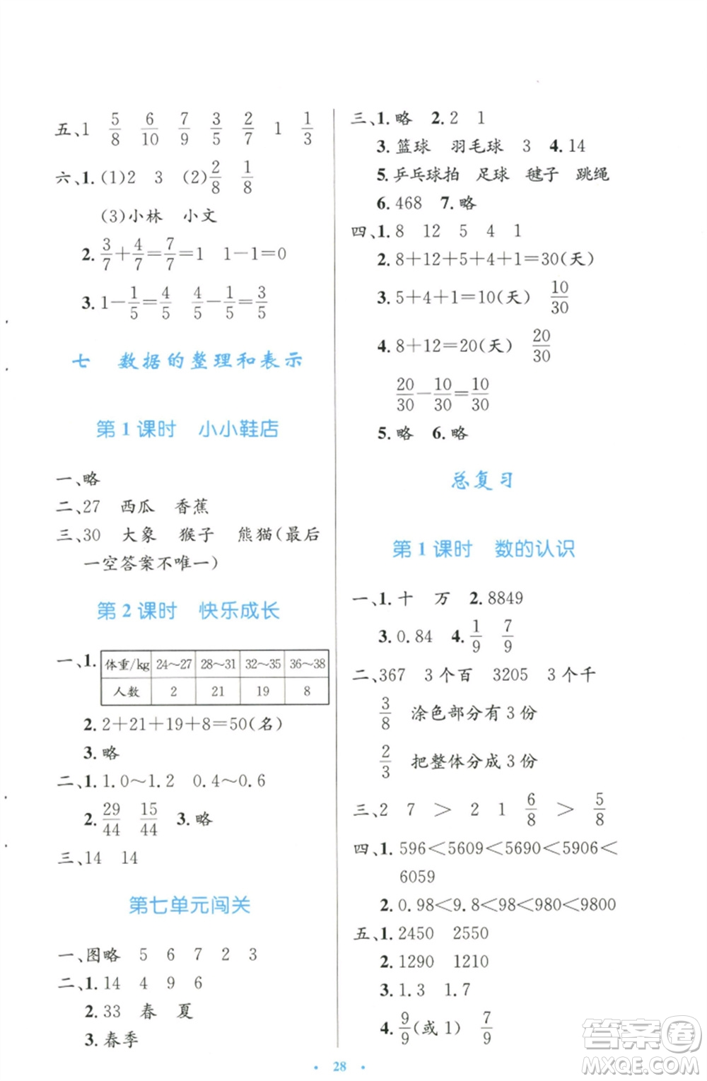 北京師范大學出版社2023小學同步測控優(yōu)化設計三年級數(shù)學下冊北師大版天津專版參考答案