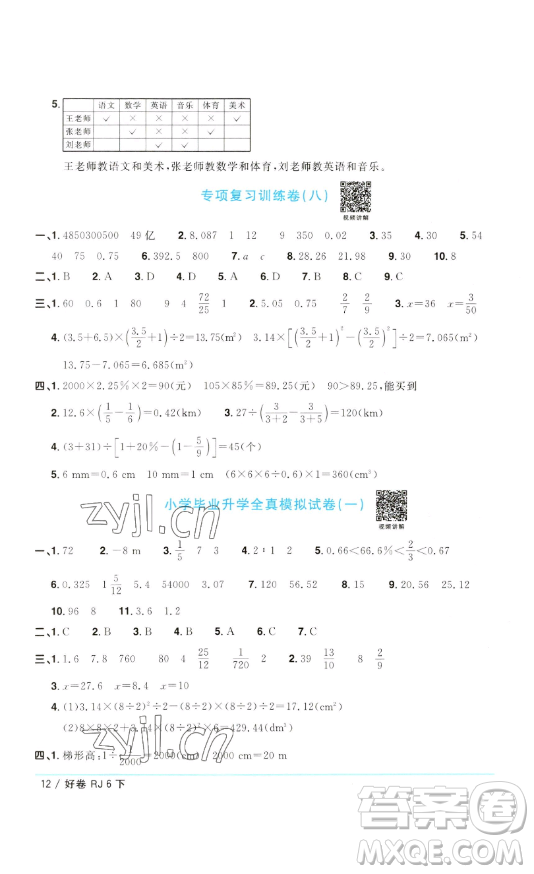 江西教育出版社2023陽(yáng)光同學(xué)一線名師全優(yōu)好卷六年級(jí)數(shù)學(xué)下冊(cè)人教版參考答案